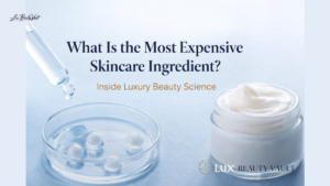 Luxury skincare ingredients displayed with serum dropper and premium cream, illustrating the most expensive skincare ingredients used in high-end beauty products