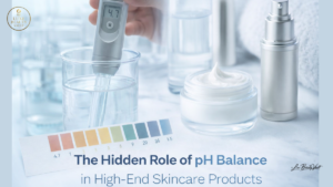 pH meter measuring a skincare formula beside a luxury cream jar and serum bottle, illustrating the importance of pH balance in high-end skincare product formulation.