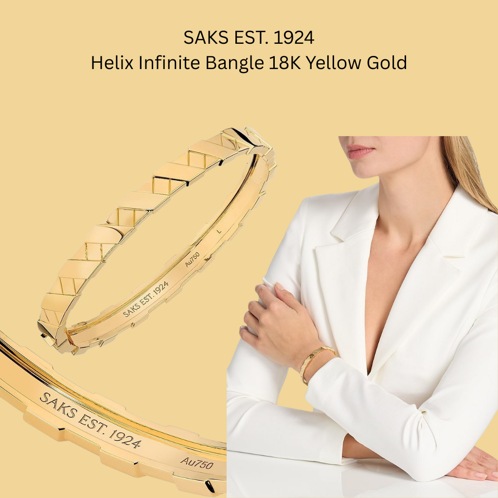 SAKS EST. 1924 Helix Infinite bangle crafted in 18K yellow gold, featuring a sleek geometric helix design, polished luxury finish, and engraved Au750 hallmark, shown worn on the wrist.