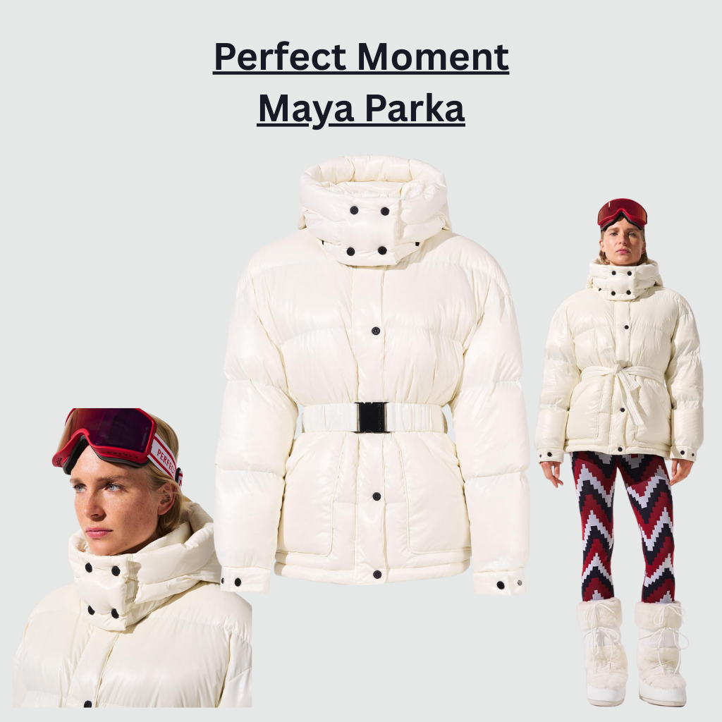 Perfect Moment Maya Parka in white, featuring an oversized insulated silhouette with 700-fill-power down, water-resistant shell, removable hood, belted waist, and functional ski-ready details, designed for warmth, performance, and elevated winter style on and off the slopes.