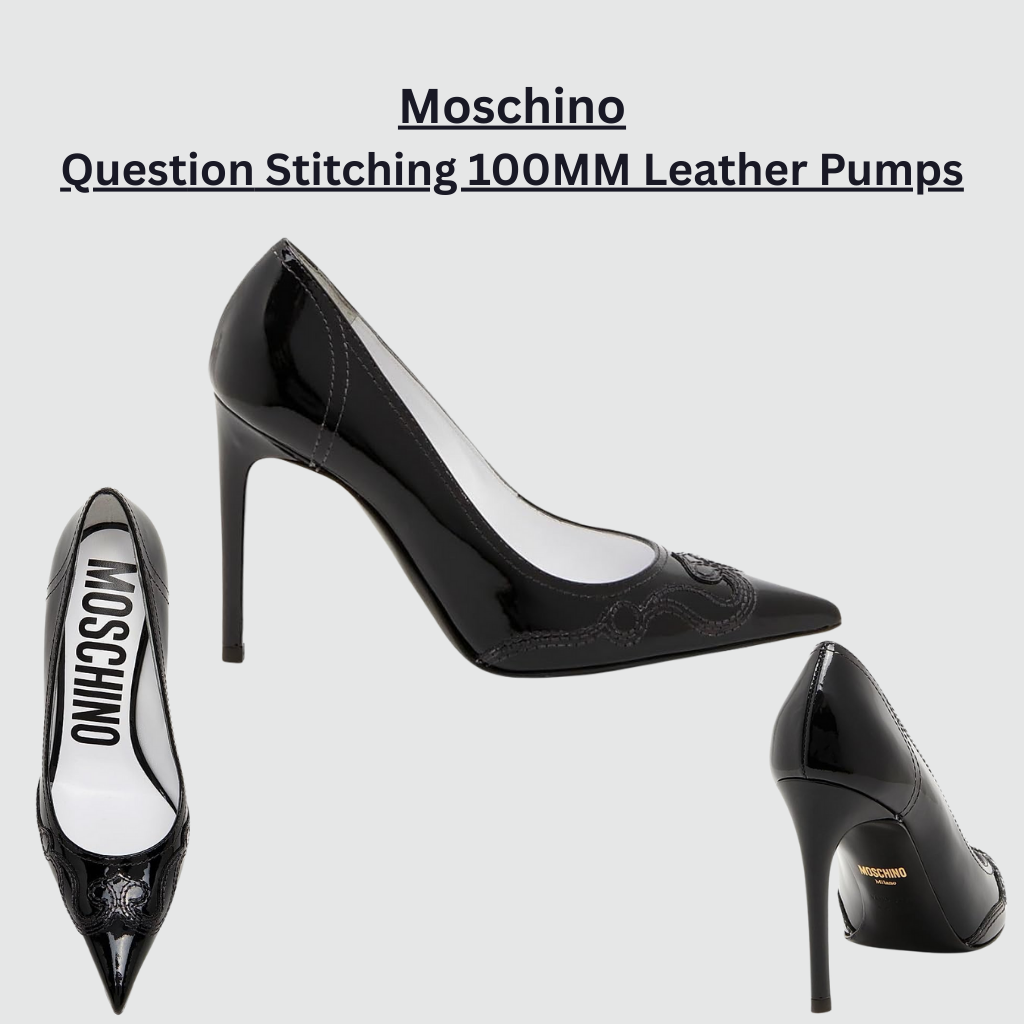 Moschino Question Stitching 100MM leather pumps in black, featuring a pointed toe, signature question mark stitching detail, and a sleek 100mm stiletto heel, crafted in Italy from premium leather.