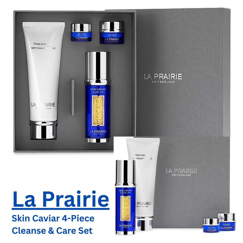 La Prairie Skin Caviar 4-Piece Cleanse & Care Set with foam cleanser, liquid lift serum, and Skin Caviar cream in luxury packaging
