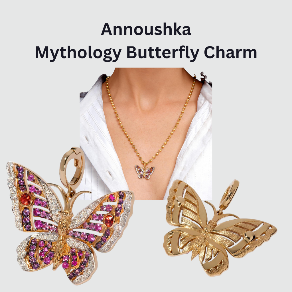 Annoushka Mythology Butterfly Charm Pendant crafted in 18ct yellow gold, featuring an intricately detailed butterfly design set with diamonds, sapphires, and amethyst, finished with a polished luxury look, shown worn on a necklace.