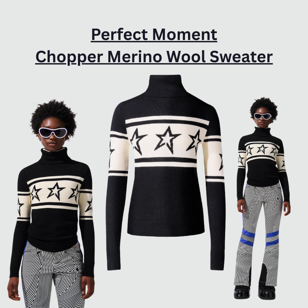 Perfect Moment Chopper Merino Wool Sweater in black and ivory, featuring a fitted silhouette with signature star intarsia, high turtleneck, long sleeves, and ribbed trims, crafted from 100% Woolmark-certified merino wool for warmth and breathable comfort.