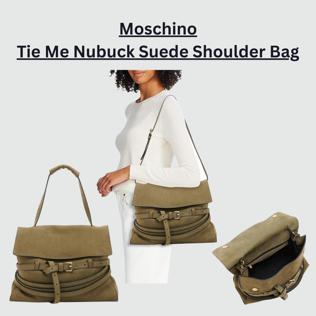 Moschino Tie Me nubuck suede shoulder bag in olive green, featuring an adjustable shoulder strap, flap with magnetic closure, interior zip pocket, and a fully detachable decorative belt wrapped around the bag.