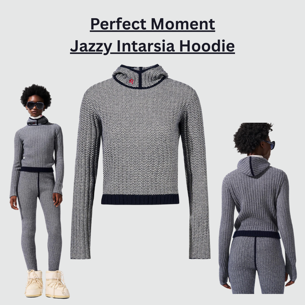 Perfect Moment Jazzy Intarsia Hoodie in a zig-zag knit design, crafted from a luxurious wool and cashmere blend, featuring a pullover hood, ribbed hem, and a fitted silhouette, ideal as a warm base layer for mountain activities or relaxed chalet lounging.