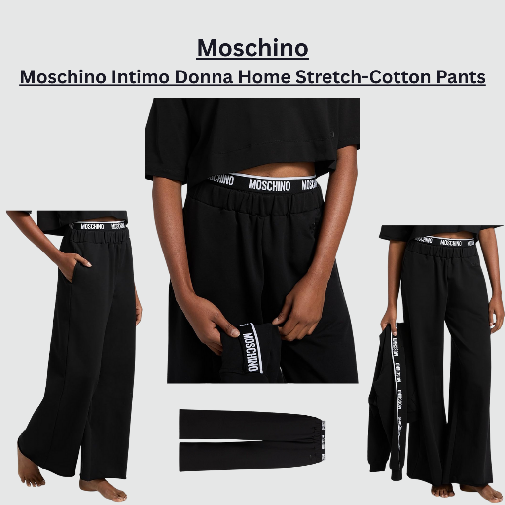 Moschino Intimo Donna Home stretch-cotton pants in black, featuring a relaxed straight-leg fit, elasticized double waistband with logo jacquard taping, on-seam side pockets, and a comfortable pull-on design.
