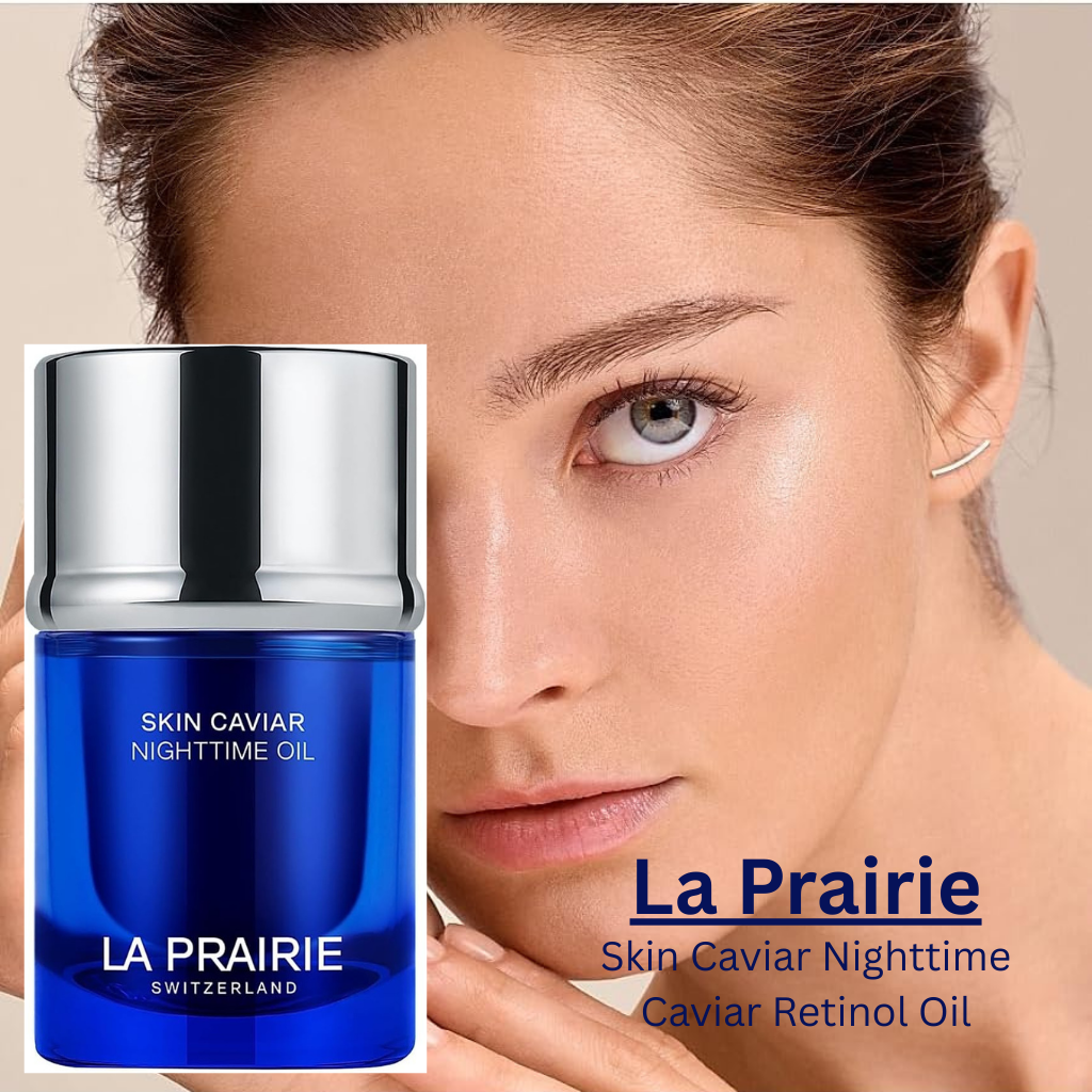 “La Prairie Skin Caviar Nighttime Caviar Retinol Oil in blue luxury jar with model showcasing radiant skin”