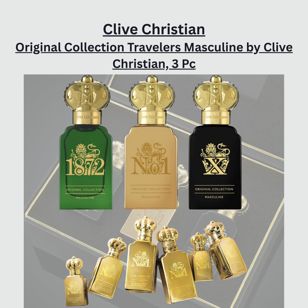 Clive Christian Original Collection Travelers Masculine 3-piece set, featuring miniature bottles of 1872, No1, and X fragrances, presented in luxurious crystal-crowned bottles designed for travel or gifting.