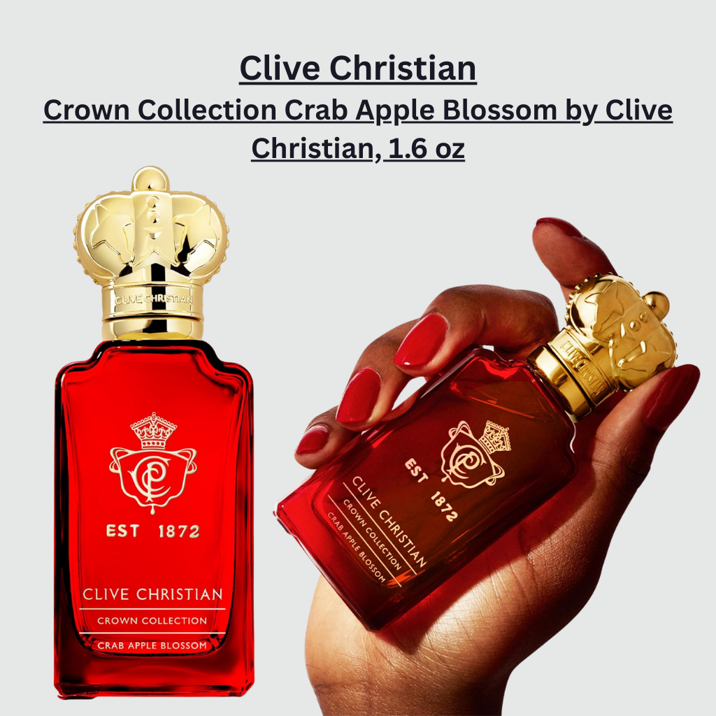 Clive Christian Crown Collection Crab Apple Blossom perfume bottle, 1.6 oz, featuring a red crystal flacon with a signature gold crown cap, representing a luxurious citrus aquatic fragrance inspired by British crab apple blossoms.