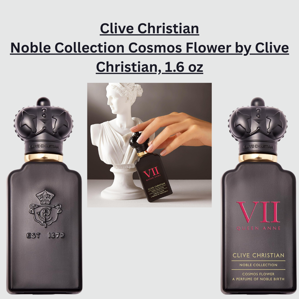 Clive Christian Noble Collection Cosmos Flower perfume, 1.6 oz, presented in a dark crystal bottle with signature crown cap, showcasing a luxurious floral gourmand fragrance inspired by creamy cosmos flower and orchard fruits.