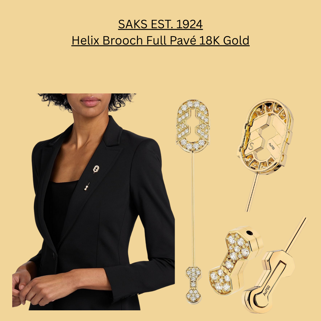 SAKS EST. 1924 Helix Brooch Full Pavé crafted in 18K yellow gold, featuring an elegant helix-inspired design with full pavé-set diamonds, polished luxury finish, and refined pin fastening, shown worn on a blazer lapel.