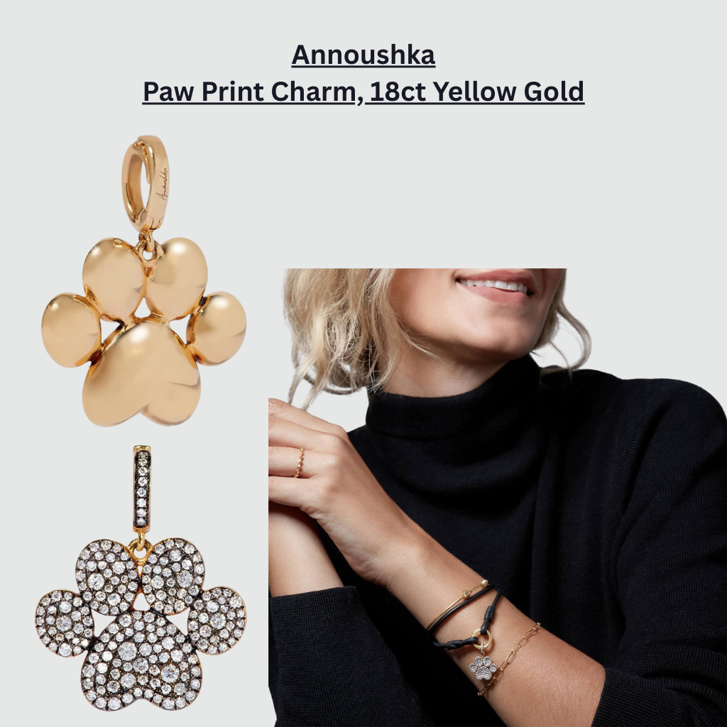 Annoushka Paw Print Charm crafted in 18ct yellow gold, featuring a polished paw silhouette with optional pavé-set diamonds, delicate charm detailing, and a refined luxury finish, shown worn on a bracelet.