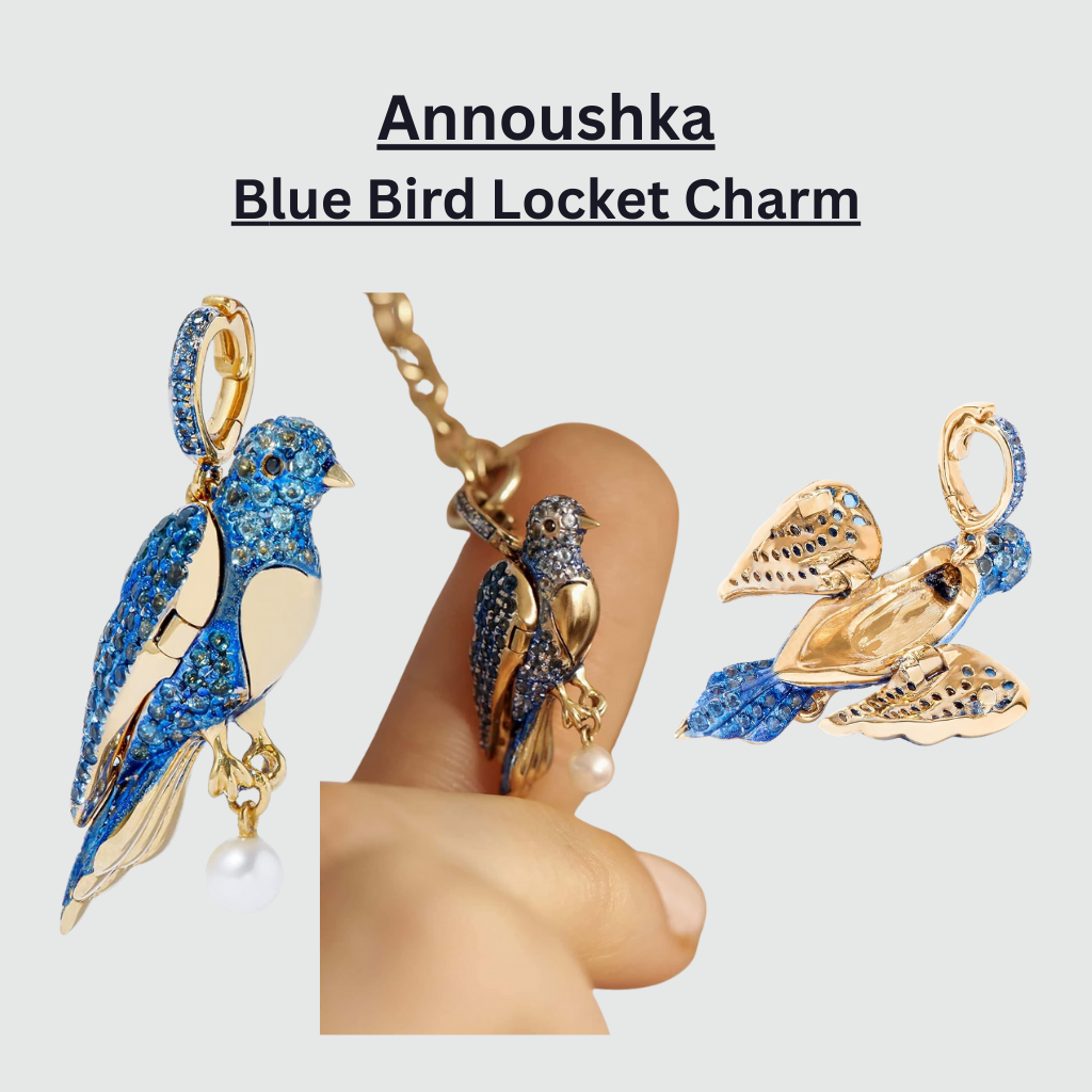 Annoushka Blue Bird Locket Charm crafted in yellow gold, featuring a detailed blue bird design with pavé-set blue gemstones, delicate pearl drop accent, and a hidden locket compartment, shown in multiple views and worn on a chain.