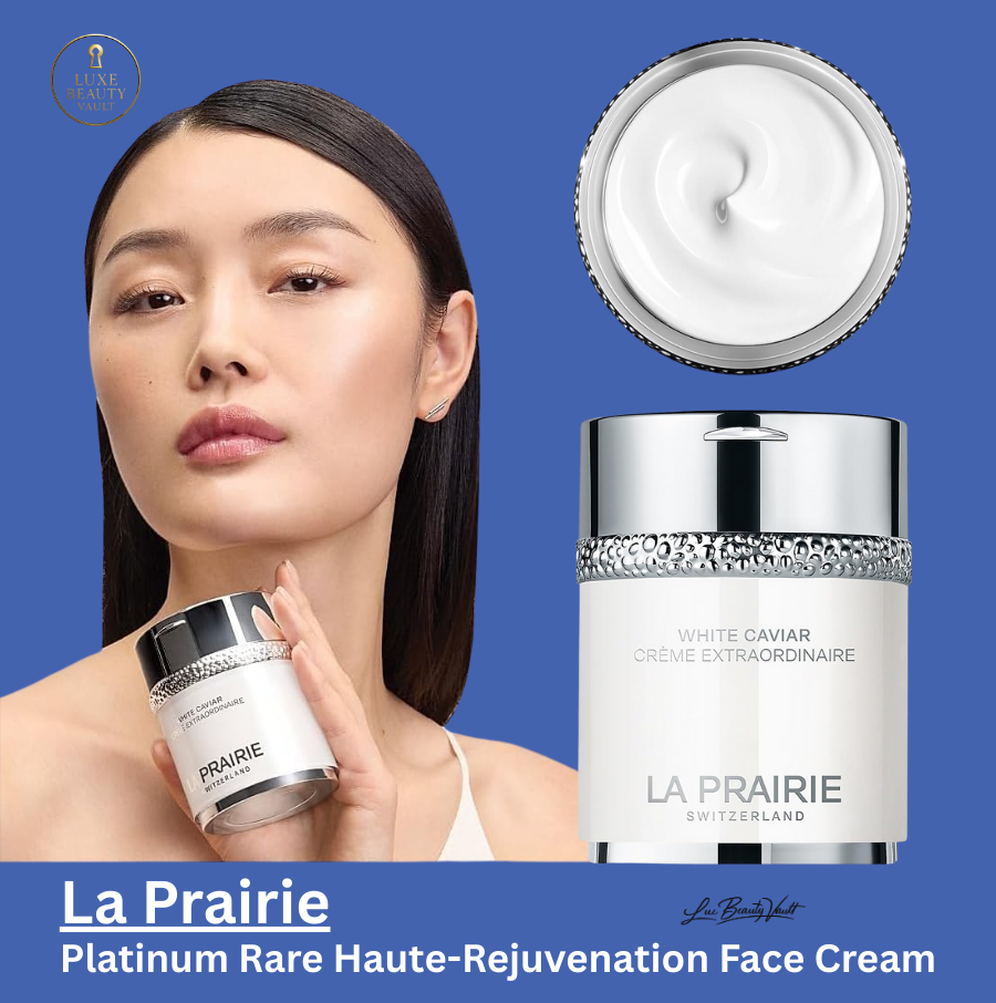 La Prairie White Caviar Crème Extraordinaire luxury Swiss skincare cream in elegant white and silver jar, shown with a radiant model and rich cream texture, an illuminating anti-aging face cream infused with Lumidose to target discoloration, age spots, dullness, redness, and uneven skin tone while restoring firmness, improving elasticity, boosting moisture, and enhancing skin’s natural radiance for a smooth, luminous complexion.