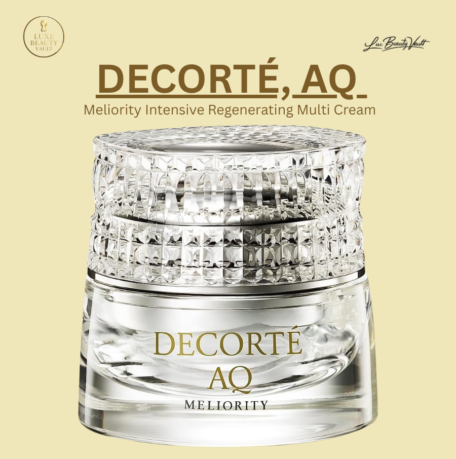Decorté AQ Meliority Intensive Regenerating Multi Cream in luxurious crystal-like jar, a premium Japanese regenerative face cream that melts into a serum-like texture, deeply absorbing to renew and repair skin, enhance firmness and radiance, and deliver targeted anti-aging benefits through advanced phospholipid capsule technology for a smooth, revitalized, and youthful complexion.