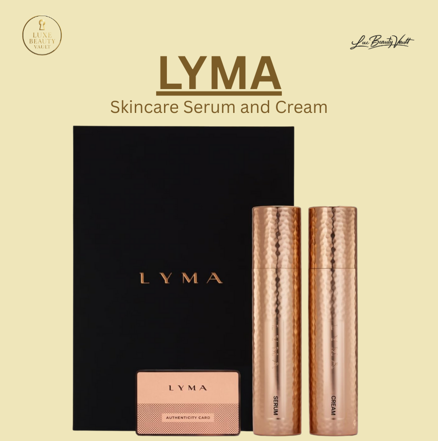 LYMA Skincare Serum and Cream Starter Kit featuring refillable hammered copper vessels with black presentation box and authenticity card, a luxury anti-aging skincare system informed by epigenetic skin science, designed to target eight mechanisms of skin ageing, boost hydration, refine pores, smooth skin texture, and enhance skin vitality in 30 days while maximizing results when used with the LYMA Laser.