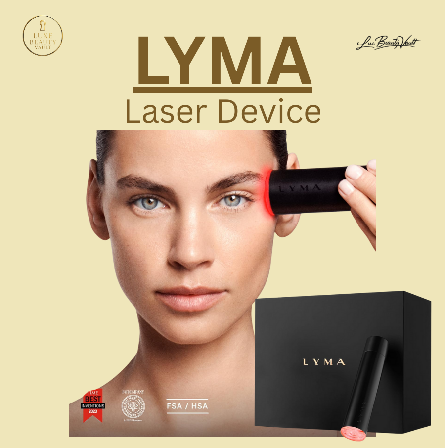 LYMA Laser Device shown in use on the face with red near-infrared light, alongside sleek black packaging, an FDA-cleared clinic-grade at-home cold laser skincare device engineered to reduce wrinkles, improve skin elasticity, fade pigmentation and scars, and rejuvenate skin safely with zero downtime, suitable for all skin tones and types.