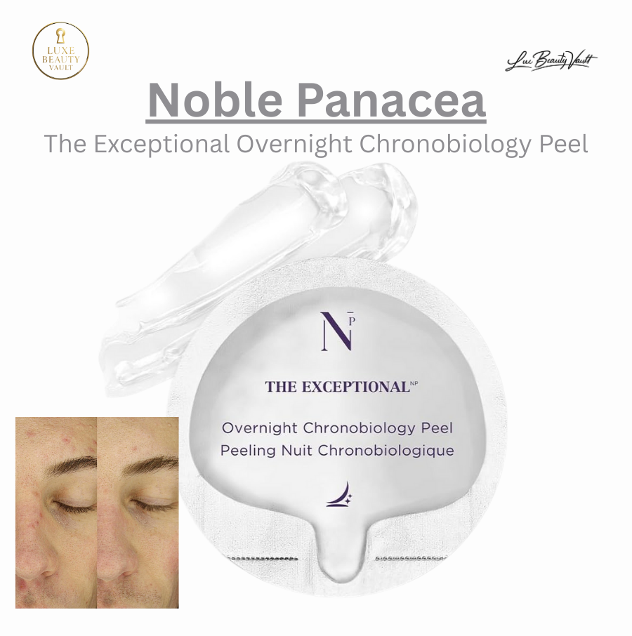 Noble Panacea The Exceptional Overnight Chronobiology Peel with single-dose ampoule packaging, a luxury overnight chemical peel treatment formulated with patented OSMV Technology to deliver AHAs and BHA in a controlled, skin-biorhythm-calibrated release, designed to exfoliate, refine pores, improve skin texture, reduce fine lines, pigmentation, and acne appearance, and reveal smoother, brighter, healthy-looking skin by morning, suitable for all skin types including sensitive skin.