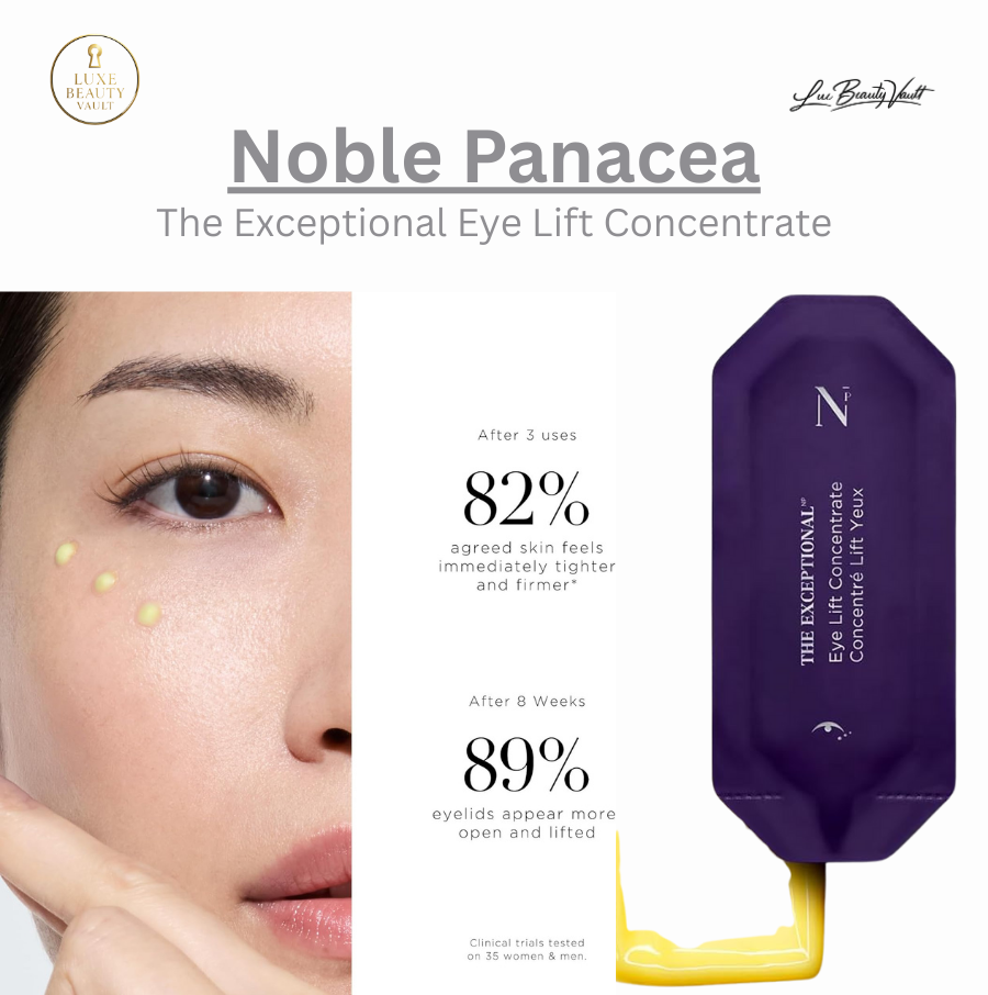 Noble Panacea The Exceptional Eye Lift Concentrate in single-dose purple packaging, shown with application on the eye area and clinical result highlights, a luxury eye treatment powered by patented OSMV Technology to deliver instant lift, long-lasting firmness, and improved elasticity, reducing fine lines, crow’s feet, dark circles, and puffiness while revealing a visibly lifted, smoother, and more youthful eye contour.
