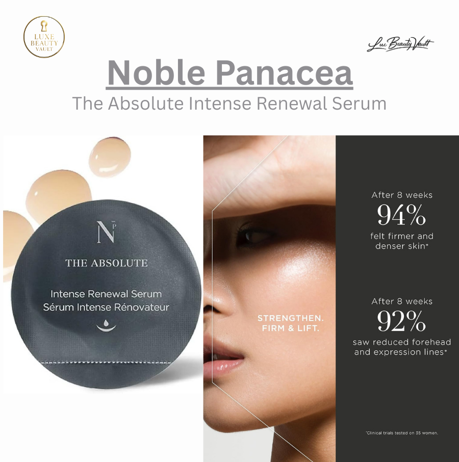 Noble Panacea The Absolute Intense Renewal Serum in single-dose luxury packaging, shown with serum texture and visible skin results, a high-performance anti-aging serum powered by patented OSMV Technology to stimulate cellular renewal, boost collagen and elastin, improve firmness and density, reduce fine lines and wrinkles, enhance radiance, and deliver smoother, rejuvenated skin through precisely controlled active ingredient delivery.
