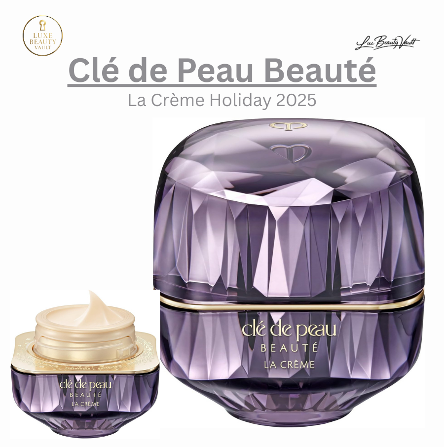 Clé de Peau Beauté La Crème Holiday 2025 in luxurious faceted purple jar with gold detailing, a limited-edition age-defying night cream designed to repair, renew, and protect skin overnight, delivering deep hydration, improved firmness, reduced fine lines and dark spots, and enhanced radiance with retinol, hyaluronic acid, and skin-empowering platinum-infused technology.