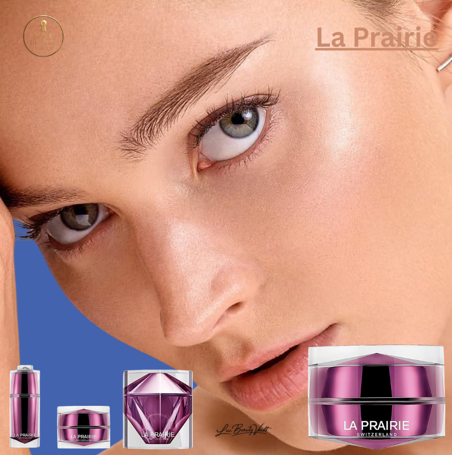 La Prairie Platinum Rare Haute-Rejuvenation Eye Cream in luxury purple Swiss packaging, shown with a close-up of a radiant eye area, a rich anti-aging eye cream designed to lift and brighten the eye contour, reduce the appearance of fine lines, wrinkles, and dark circles, enhance firmness, deliver immediate tightening and luminosity, and smooth imperfections for a youthful, revitalized look.