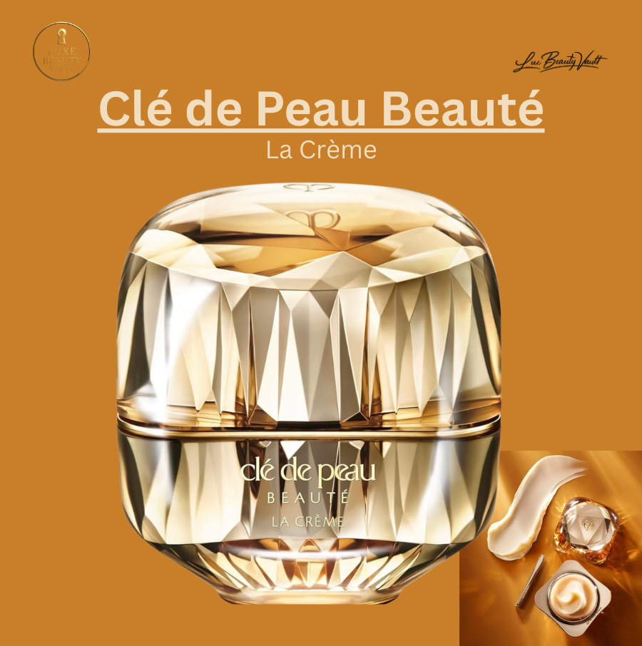 Clé de Peau Beauté La Crème in an opulent gold faceted jar, a luxury anti-aging night cream designed to repair, renew, and protect skin overnight, delivering deep hydration, improved firmness, reduced fine lines and dark spots, and enhanced radiance, formulated with retinol ACE, hyaluronic acid, squalane, platinum golden silk, and skin-renewing technology for a smooth, lifted, youthful complexion.