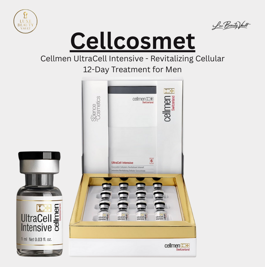 Cellcosmet Cellmen UltraCell Intensive 12-Day Treatment for Men displayed in luxury Swiss packaging with individual ampoules, a dermatologist-tested men’s cellular repair serum formulated with CytoPep Cellular Extracts and postbiotics to strengthen, firm, and renew skin, improve texture and tone, boost hydration, reinforce the skin barrier, and protect against pollution and blue light for stronger, more resilient, youthful-looking skin.