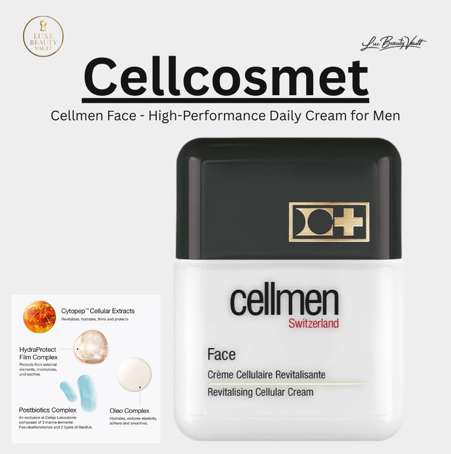 Cellcosmet Cellmen Face High-Performance Daily Cream for Men in sleek black and white Swiss packaging, a luxury men’s cellular moisturizer formulated with CytoPep Cellular Extracts and postbiotics to deeply hydrate, soothe, and strengthen the skin barrier, protect against pollution and blue light, improve elasticity and firmness, reduce signs of aging, and leave skin supple, resilient, and revitalized.
