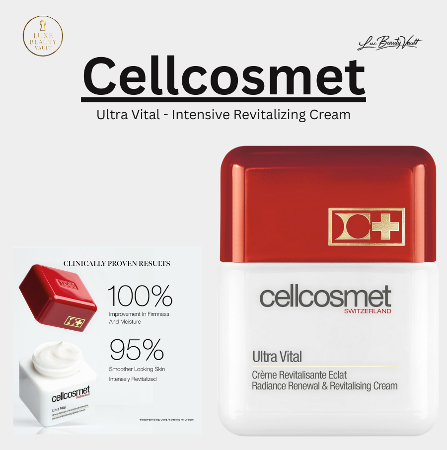 Cellcosmet Ultra Vital Intensive Revitalizing Cream in red and white Swiss luxury packaging, a best-selling cellular moisturizer designed to hydrate, firm, and smooth the skin, improve elasticity, rebuild and protect the skin barrier, and restore radiance, formulated with CytoPep Cellular Extracts and postbiotics to visibly reduce wrinkles and enhance moisture for revitalized, youthful-looking skin.