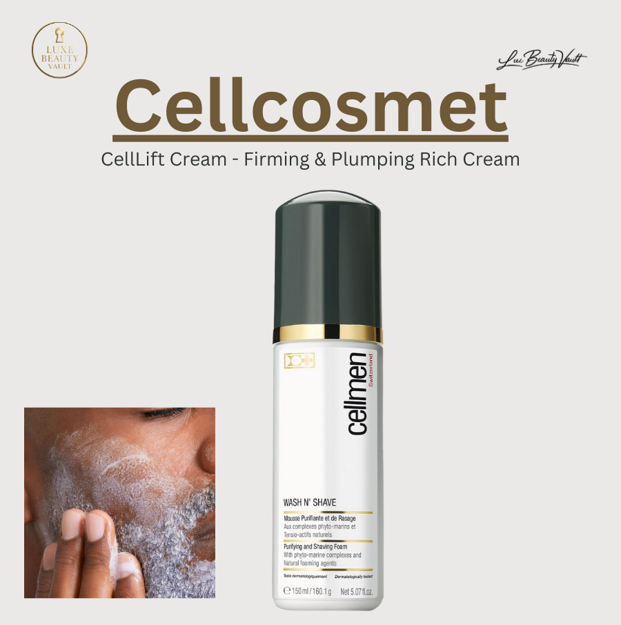 Cellcosmet Cellmen Wash N’ Shave 2-in-1 Face Wash and Shaving Cream in sleek Swiss packaging, an alcohol-free men’s facial cleanser and shaving cream designed to gently cleanse, purify, and prepare skin for a smooth, close shave, helping reduce redness, razor burn, and irritation while keeping skin calm, hydrated, and refreshed.