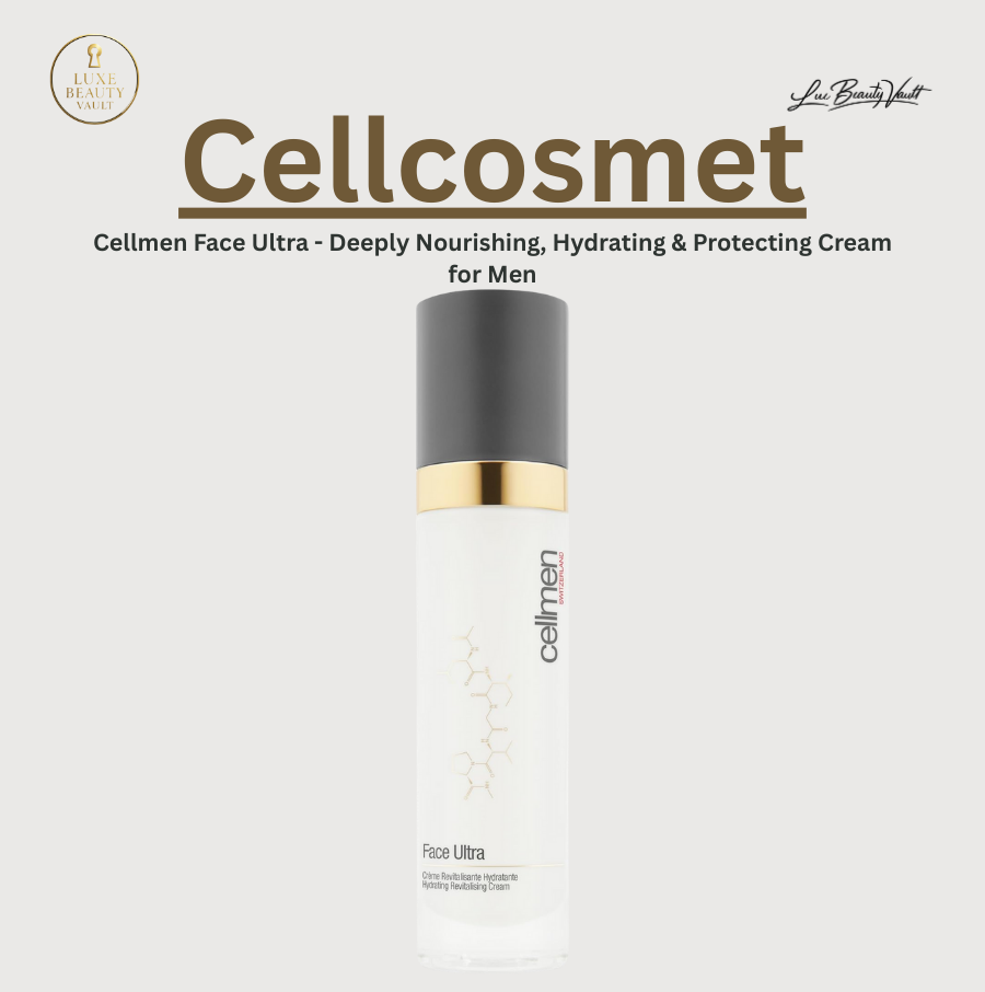 Cellcosmet Cellmen Face Ultra deeply nourishing and hydrating cream for men in sleek Swiss packaging, a high-performance cellular moisturizer formulated with stabilized CytoPep Cellular Extracts, hyaluronic acid complex, and olive-derived squalane to deeply hydrate, firm, protect the skin barrier, reduce fine lines, and defend against early signs of aging for stronger, smoother, revitalized men’s skin.