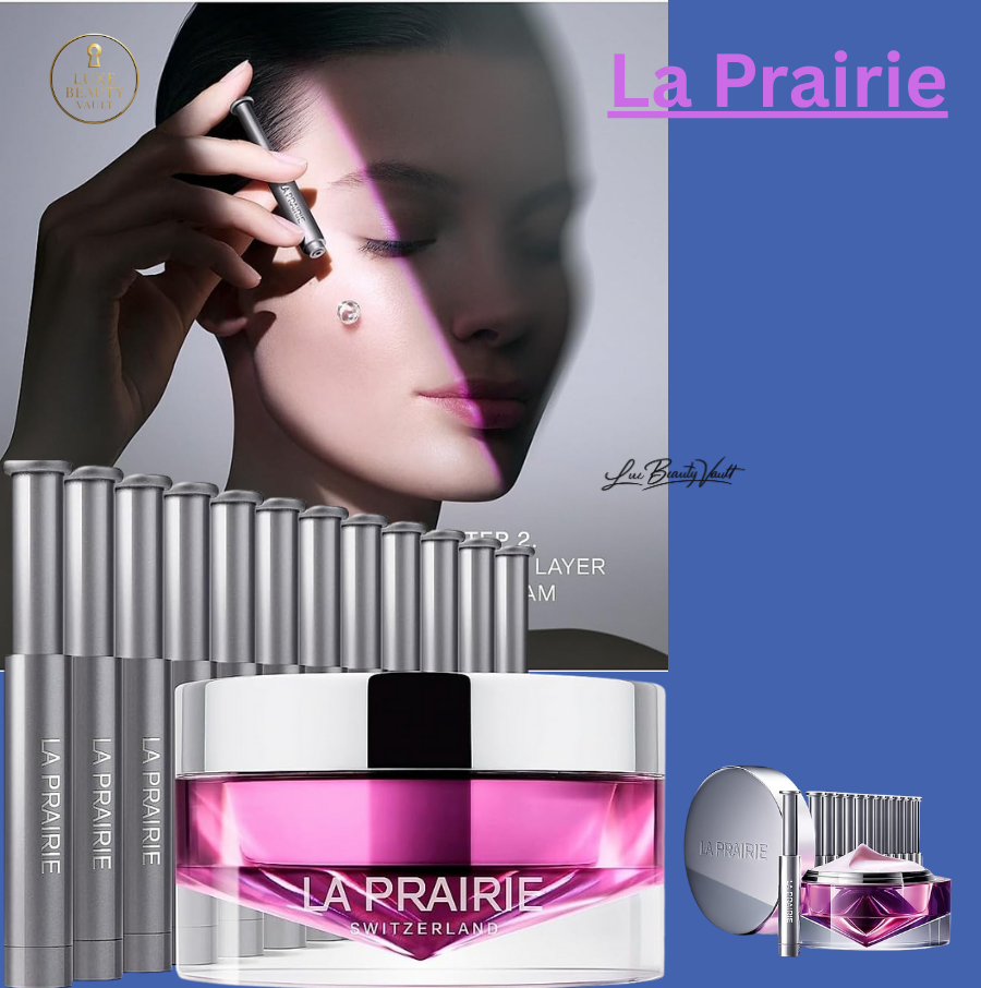 La Prairie Platinum Rare Intensive Treatment Mask 2-Piece Skin Care Set featuring luxury Swiss skincare packaging with serum vials and a platinum-infused cream jar, shown with a model applying the treatment, an advanced dual-step overnight mask designed to recharge and rejuvenate skin using Macro-Infusion Technology with hyaluronic acid and collagen to improve texture, plumpness, hydration, smooth wrinkles, and restore youthful radiance.