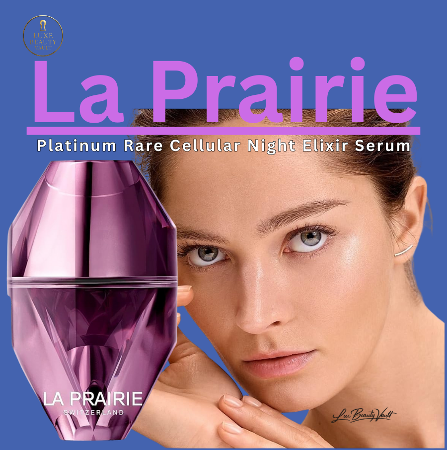 La Prairie Platinum Rare Cellular Night Elixir Serum in a luxury diamond-shaped amethyst bottle, shown with a radiant model against a blue background, an ultra-premium Swiss overnight face serum designed to detoxify, nourish, and regenerate skin while you sleep, boosting radiance, improving texture, increasing elasticity, and reducing the appearance of fine lines and wrinkles through advanced platinum-based anti-aging technology.