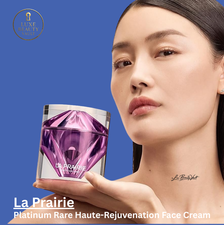 La Prairie Platinum Rare Haute-Rejuvenation Face Cream in luxury purple and silver jar, held by a radiant model against a blue background, an ultra-premium Swiss anti-aging face cream designed to rejuvenate skin, restore firmness and elasticity, smooth fine lines and wrinkles, and deliver a youthful, luminous complexion.