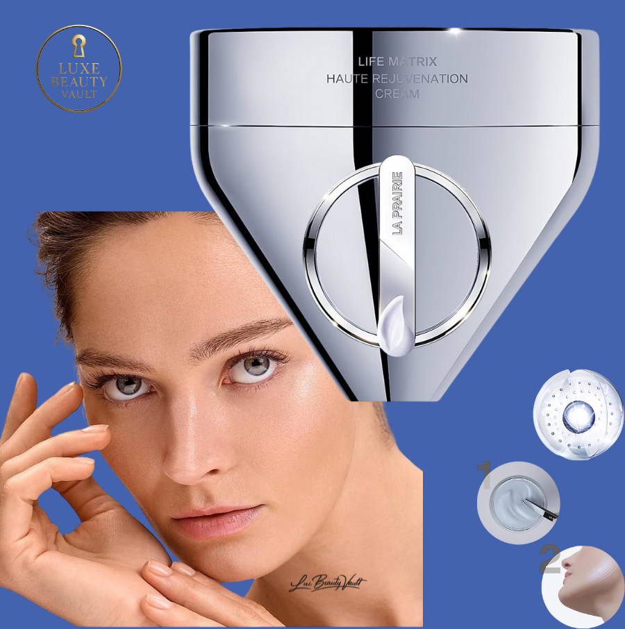 La Prairie Life Matrix Haute Rejuvenation Face Cream in luxury silver packaging, shown with a radiant model and silky cream texture, advanced Swiss anti-aging moisturizer powered by longevity science to boost cellular health, repair skin damage, strengthen skin defenses, renew cells, and deliver smooth, youthful, revitalized skin with a vibrant glow.