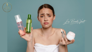 Woman with acne-prone skin holding multiple skincare products, confused between luxury skincare and drugstore options while evaluating the best routine for sensitive skin.