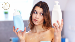 Woman comparing two body care products, showing why cheap body care products damage your skin while luxury body care products use safer, higher-quality ingredients for long-term skin health.
