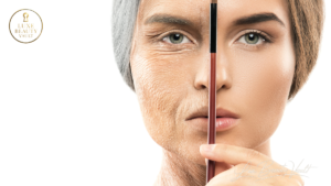 Split-face image showing aging vs youthful skin, highlighting the effects of anti-aging skincare and premium beauty care.