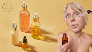 Luxury serums and facial oils displayed alongside a woman applying skincare, illustrating how cheap serums and oils can damage the skin barrier while luxury skincare products use high-quality ingredients for safer, effective results.