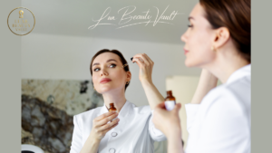 Woman applying luxury skincare serum in front of a mirror, representing how luxury beauty products act as preventive care to protect skin and hair, support long-term skin health, and prevent future damage.