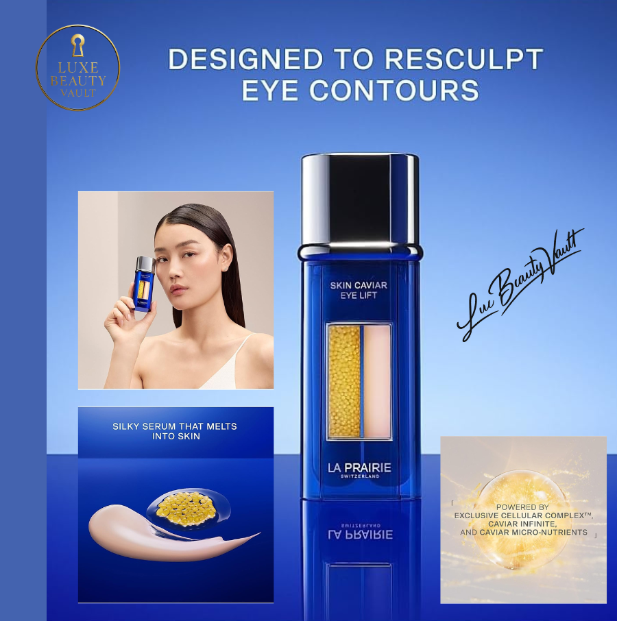La Prairie Skin Caviar Eye Lift Serum in blue dual-chamber bottle, luxury fragrance-free eye serum designed to lift, firm, and smooth eye contours, reduce puffiness, fine lines, wrinkles, and dark circles, featuring silky fast-absorbing texture with caviar micro-nutrients and exclusive cellular complex for brighter, youthful eyes.
