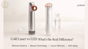 Comparison of luxury skincare devices showing a cold laser handheld tool alongside an LED-based facial treatment device, highlighting advanced beauty technology for anti-aging and skin rejuvenation.