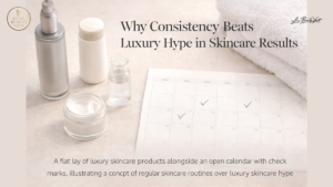 “Minimal luxury skincare products arranged beside a checked calendar, symbolizing how consistent daily skincare routines deliver better results than luxury skincare hype.”