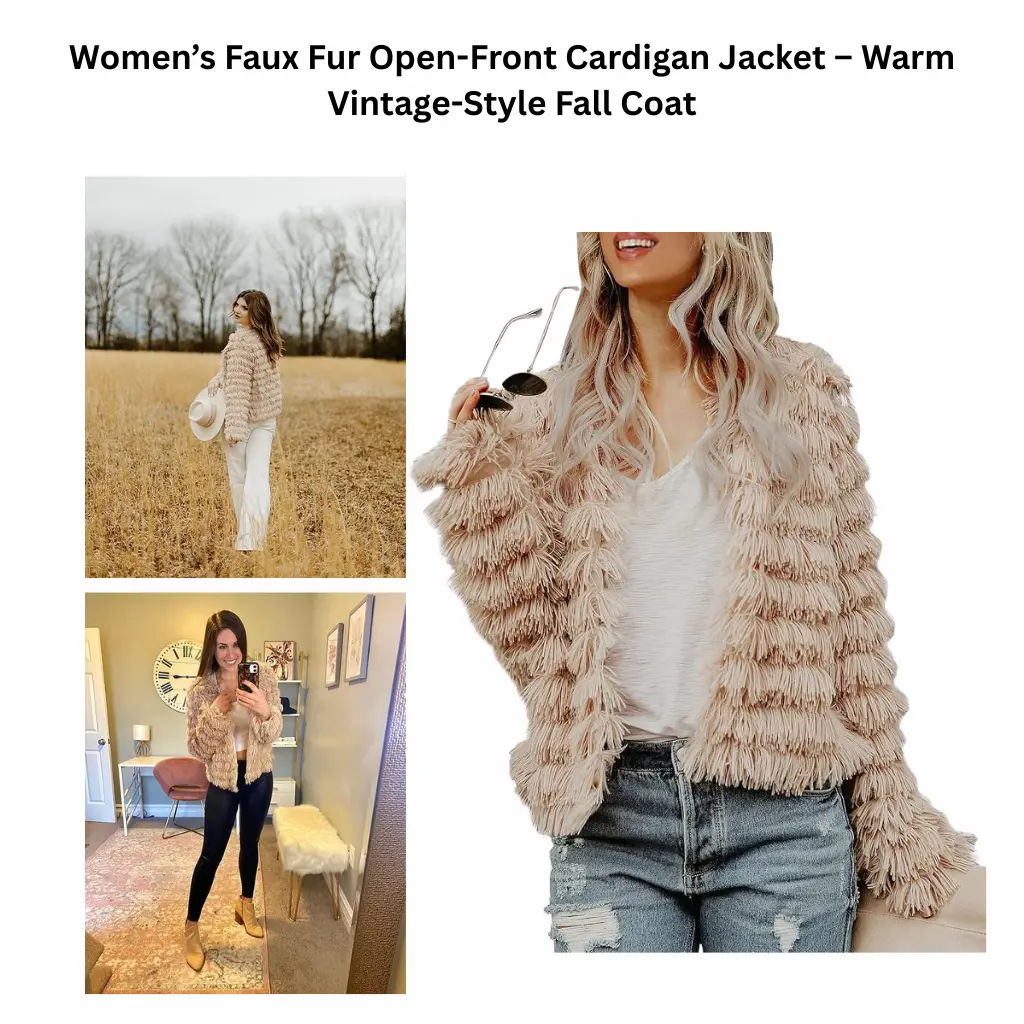 Women’s faux fur open-front cardigan jacket in a warm vintage style, shown worn casually outdoors and indoors, featuring a soft shaggy texture and relaxed fall-ready fit.