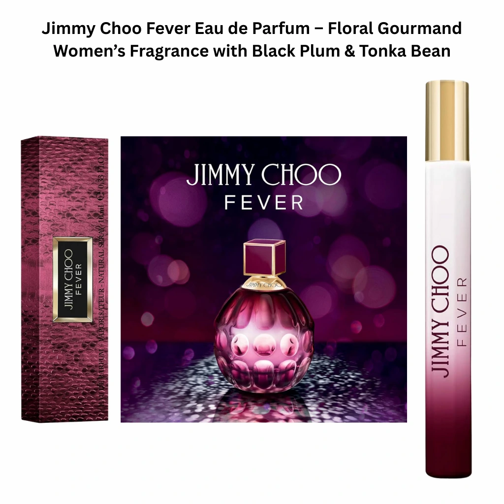 Jimmy Choo Fever Eau de Parfum for women featuring a deep plum, jewel-shaped perfume bottle with gold cap, matching textured box packaging, and a slim travel spray, set against a rich purple background highlighting the fragrance’s floral gourmand style with black plum and tonka bean notes.