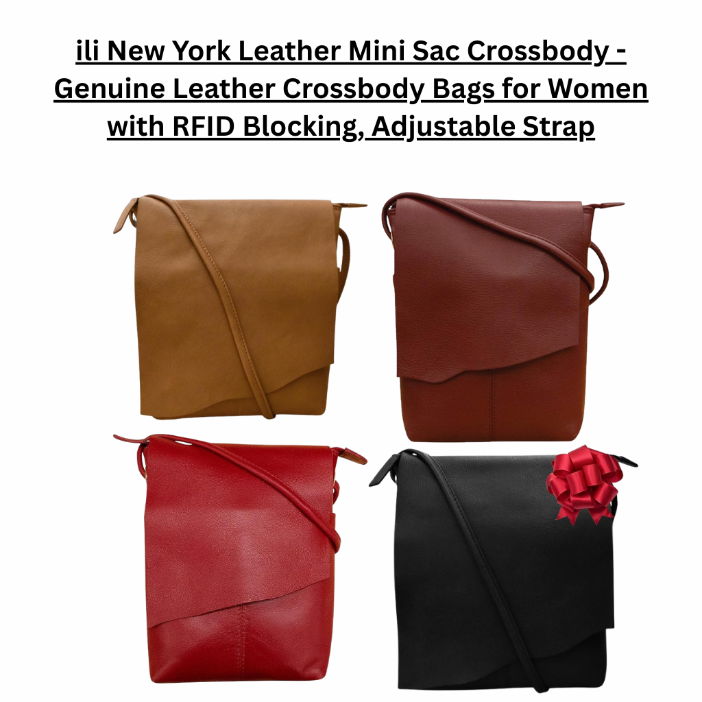 ili New York leather mini sac crossbody bags for women shown in multiple colors, featuring a compact flap-front silhouette, genuine leather construction, adjustable crossbody strap, and RFID-blocking interior for everyday organization.