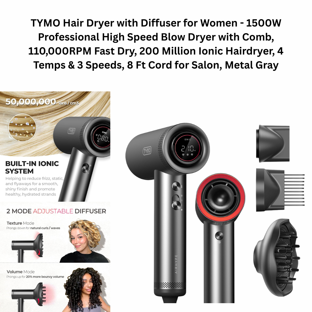 TYMO professional high-speed hair dryer with diffuser and comb, 1500W ionic blow dryer for women with multiple heat and speed settings, metal gray.