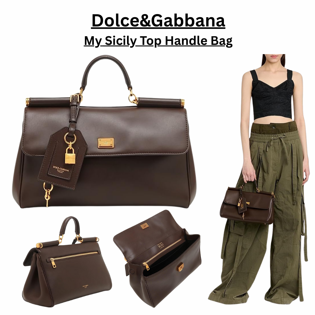 Dolce&Gabbana My Sicily top handle bag in smooth brown leather featuring a structured silhouette, gold-tone hardware, branded luggage tag, top flap with clasp closure, and optional shoulder strap, made in Italy.